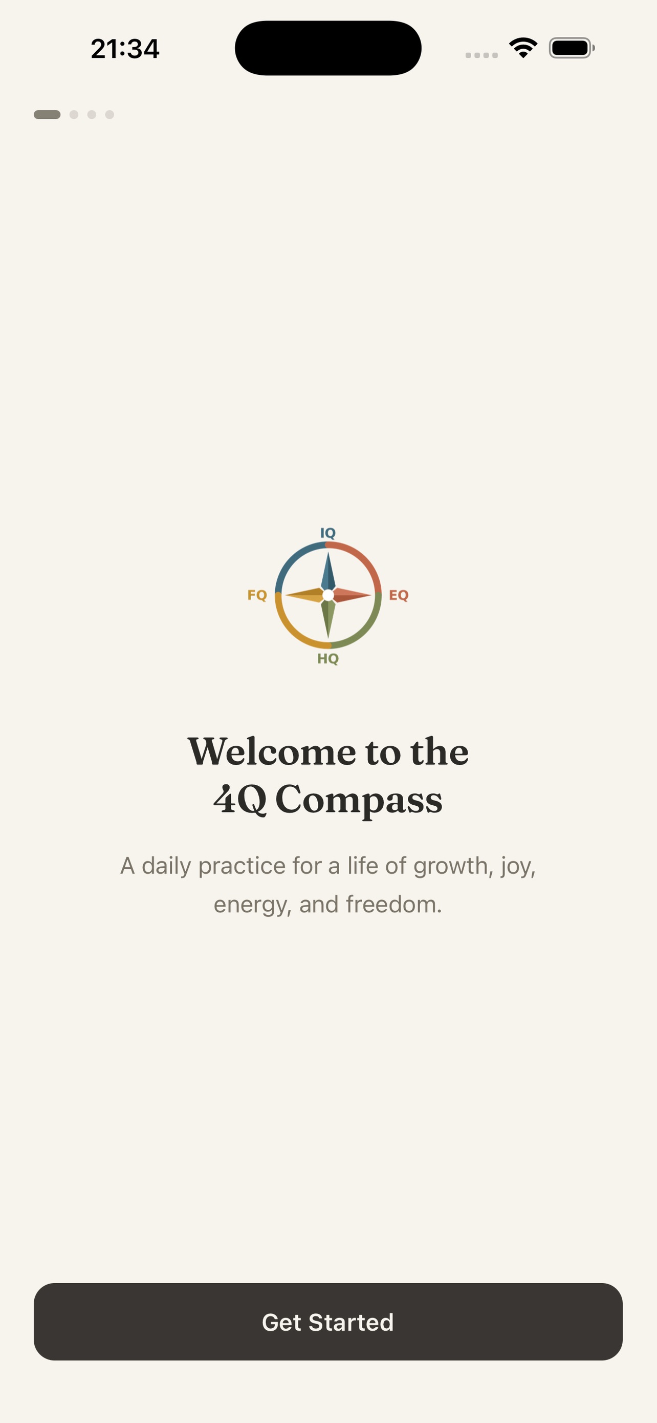 4Q Compass welcome screen: compass rose for IQ, EQ, HQ, and FQ, with the line “A daily practice for a life of growth, joy, energy, and freedom.”