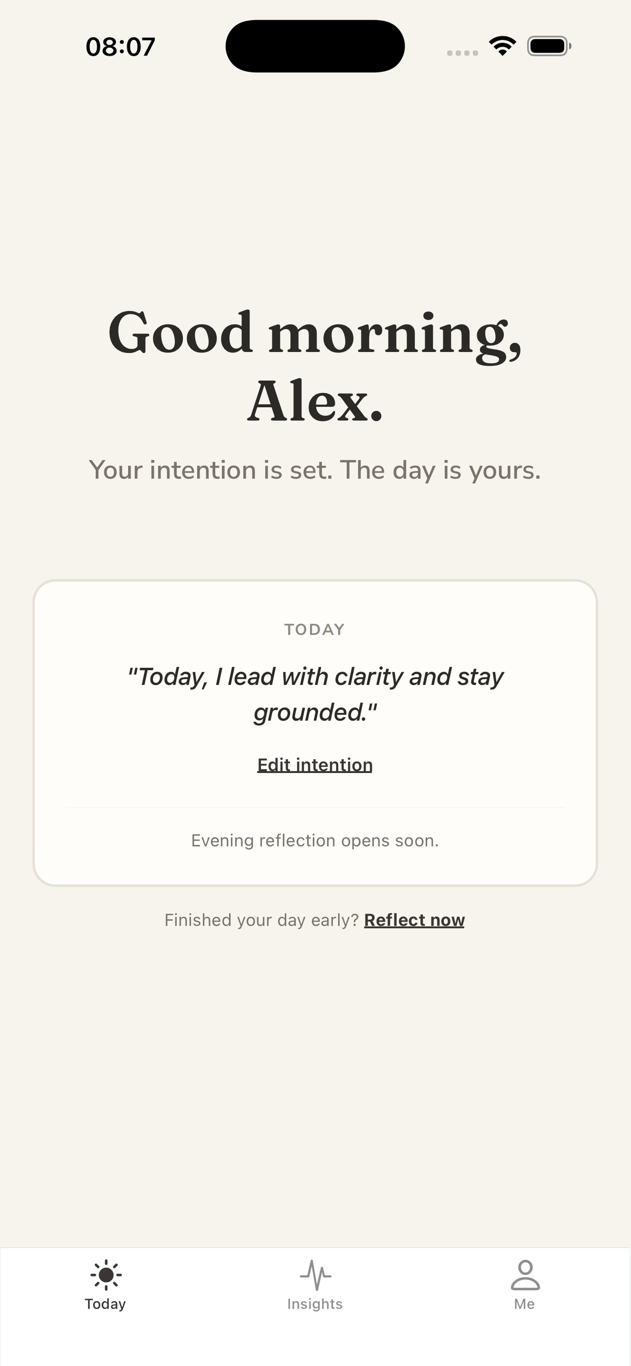 4Q Compass morning screen: “Good morning, Alex” with today’s intention set — “Today, I lead with clarity and stay grounded.”